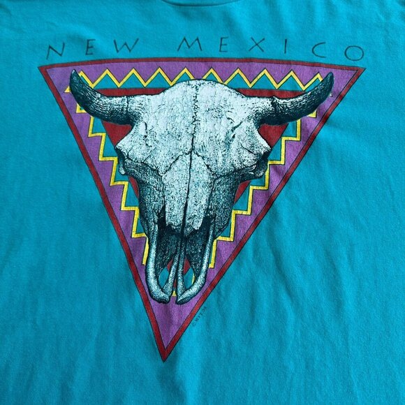 Vintage Hanes Beefy TShirt New Mexico Bull Skull Graphic Teal XL Made in USA '94 - Picture 2 of 10